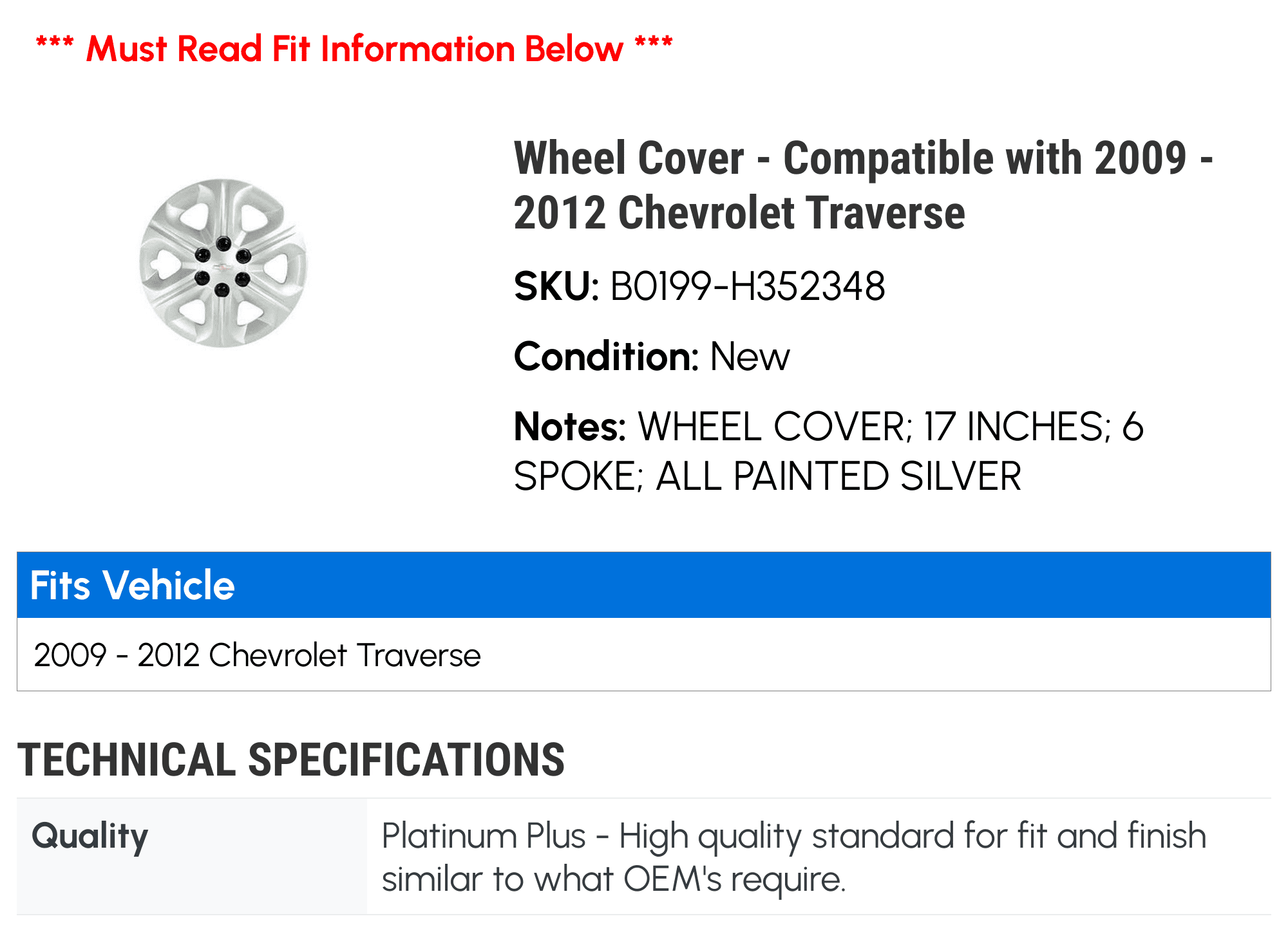 Wheel Cover - Compatible with 2009 - 2012 Chevy Traverse 2010 2011