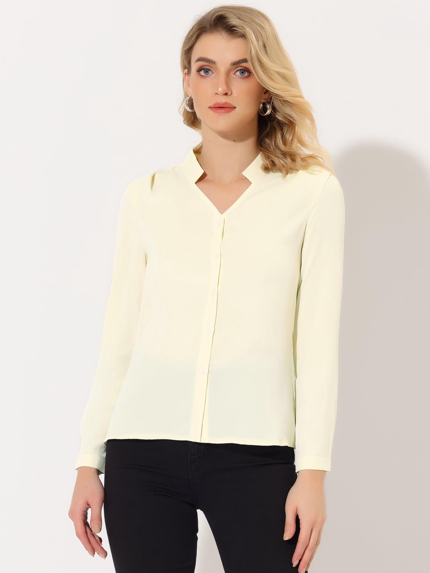DARING DIVA Women's Elegant V Neck Long Sleeves Button Down Shirt M Beige