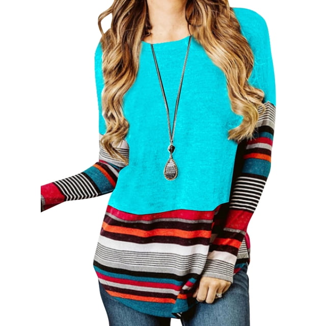 MAWCLOS Ladies Irregular Hem Color Block Pullover Loungewear Long Sleeve Tee Sky Blue S