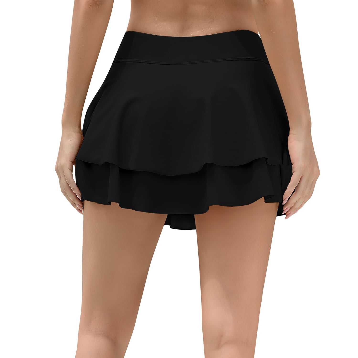 Charmo Womens Swim Skirt Built-in Shorts 2 Layered Ruffled Flowy Swim Bottoms