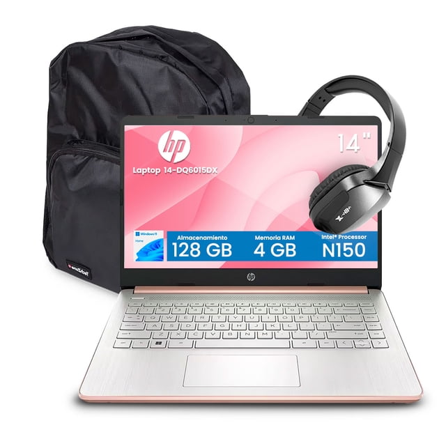 Combo Laptop HP 14-dq6015dx 14" HD Intel N150 4GB 128GB UFS Oro Rosa + Audífonos Bluetooth + Mochila