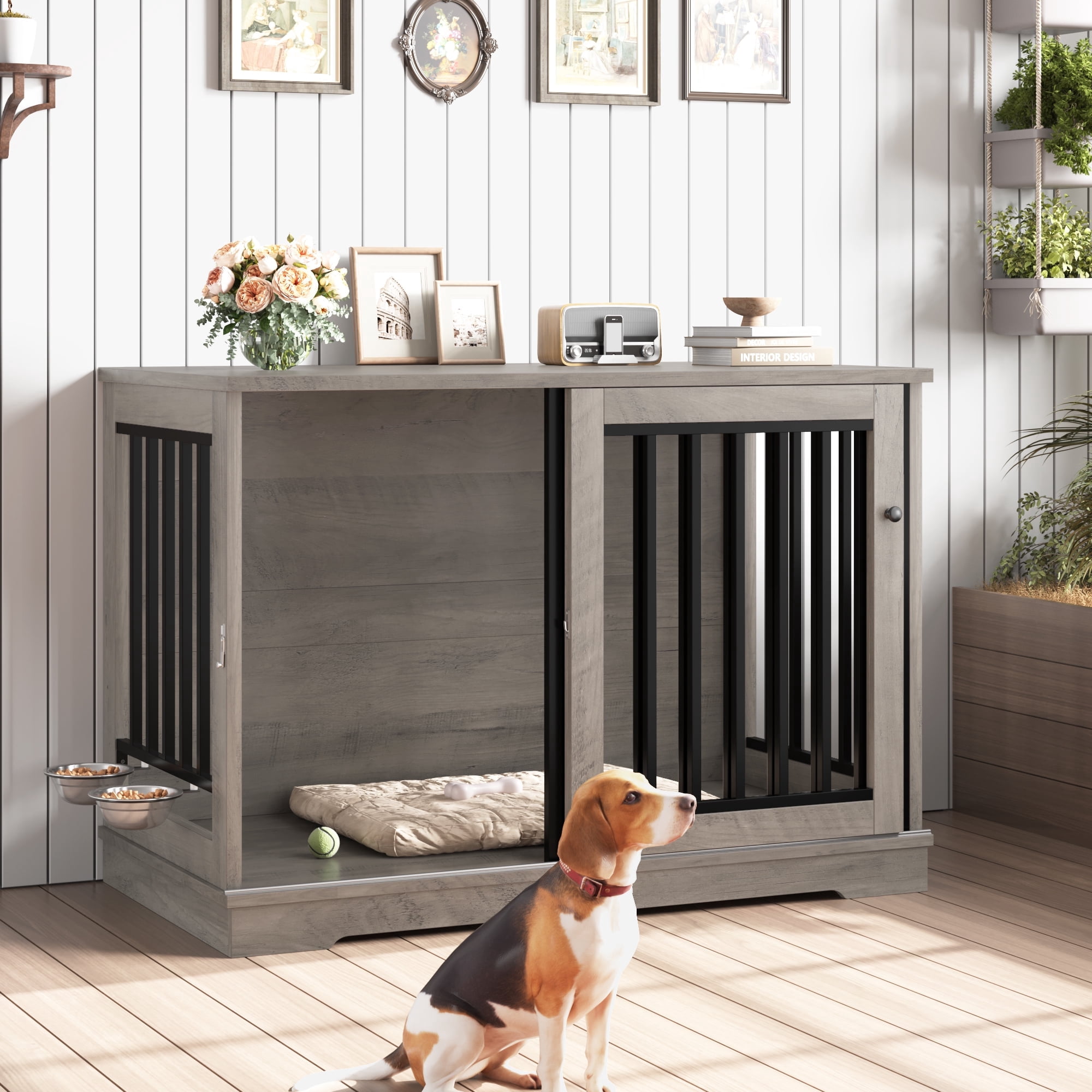 Homfa Dog Crate Furniture, 47.2''W Wooden Indoor Dog Cage Table with Sliding & Lockable Doors, Gray