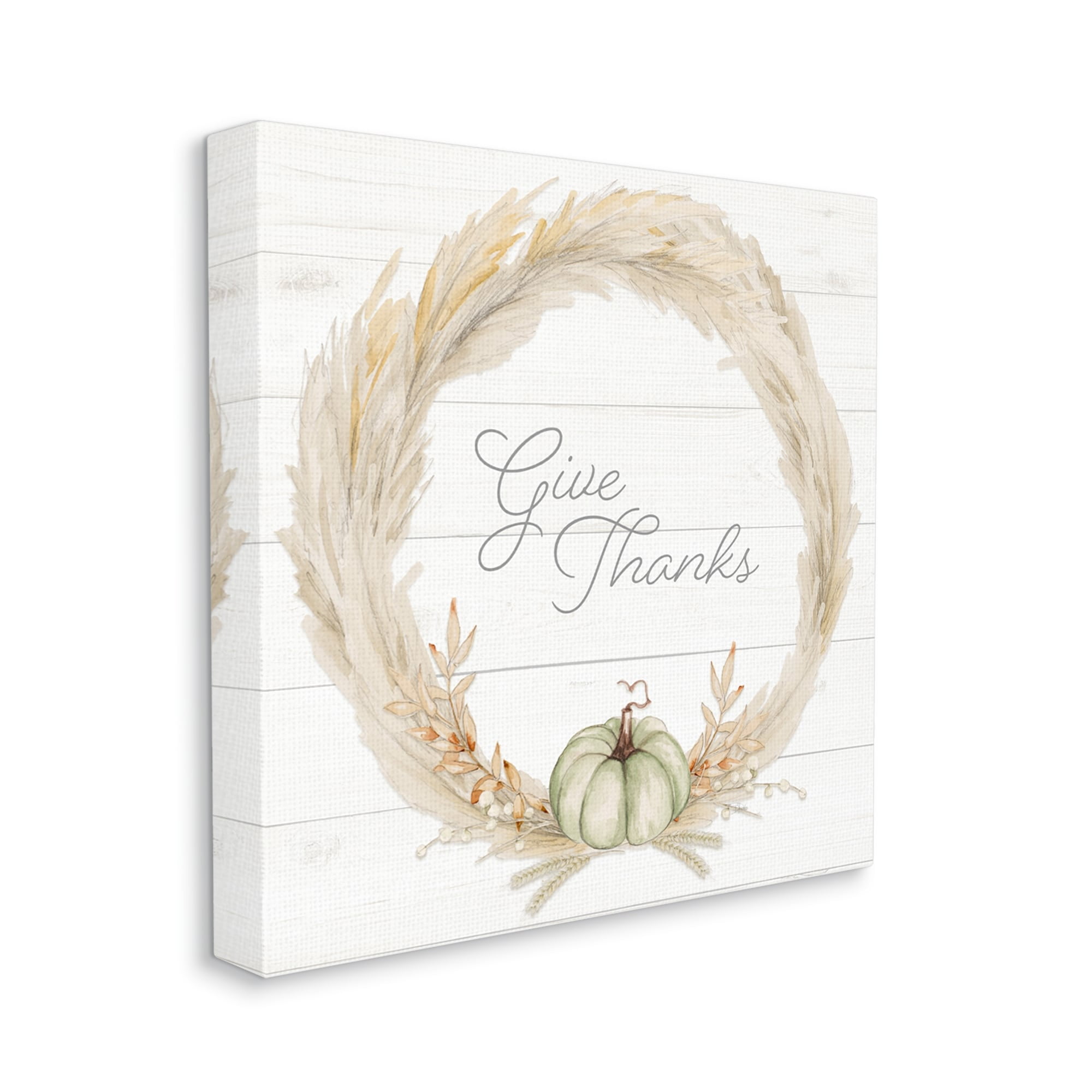 Give Thanks Phrase Country Wheat & Pumpkin Wreath Inspirational Graphic Art Gallery-Wrapped Canvas Print Wall Art