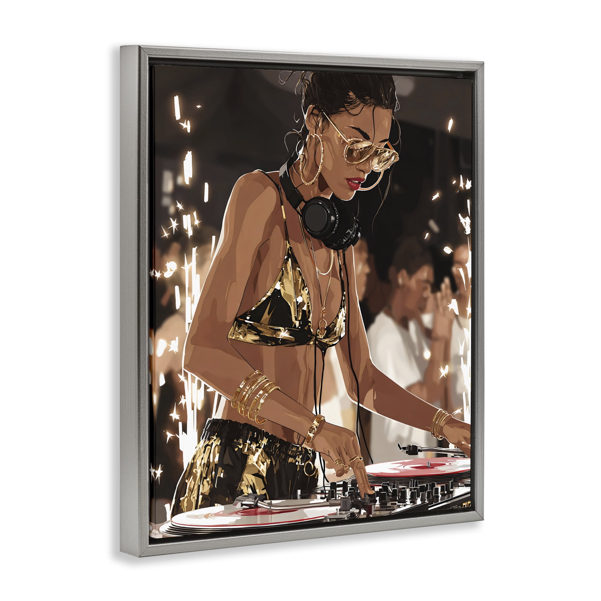 Stupell Industries Party All Night Gilded DJ Gray Framed Floater Canvas Wall Art, design by Franklyn Gregory