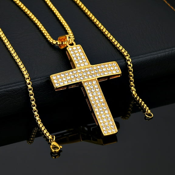 Iced Out Jesus Christ Cross Pendant 14K Yellow Gold Christian Amulet Necklace for Men Hip Hop Jewelry