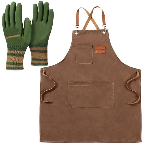 Venoro Men Women Gardening Thick Canvas Bib Apron & Glove Set with Large Pockets, Brown