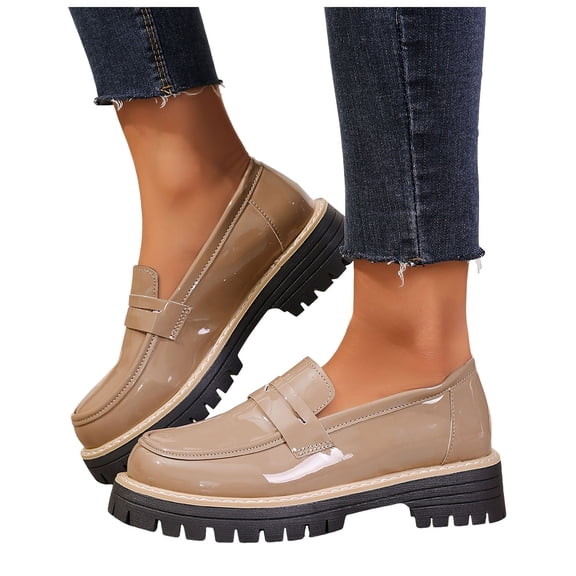 Platform Loafers for Women Trendy Glitter Leather Slip on Penny Loafers Lug Sole Round Toe Work Business Casual Shoes Khaki Size 9