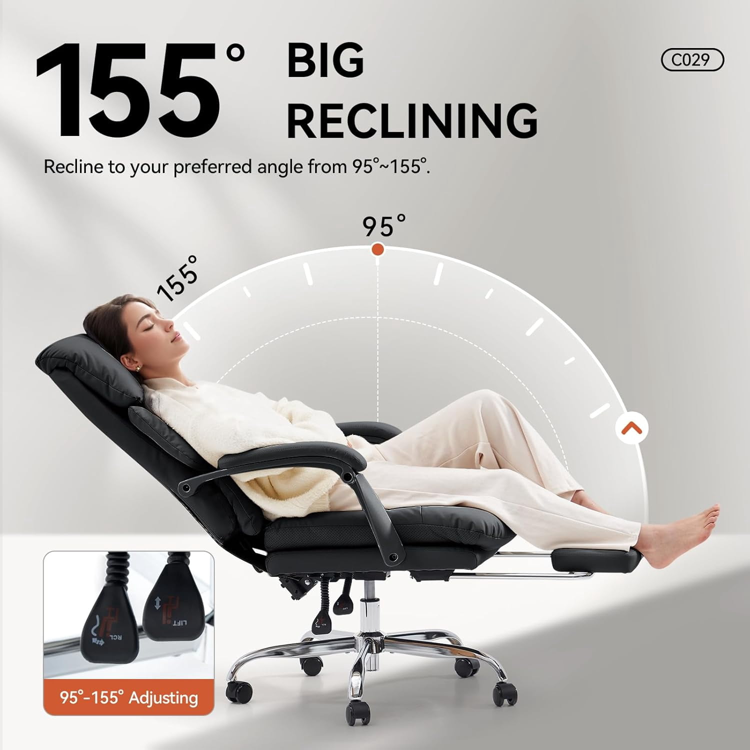 EMIAH Office Chair with Foot Rest, Ergonomic Executive Office Chair with Arms, Reclining High Back PU Leather Comfy Swivel Computer Desk Chairs with Wheels and Lumbar Support for Home Office, Black
