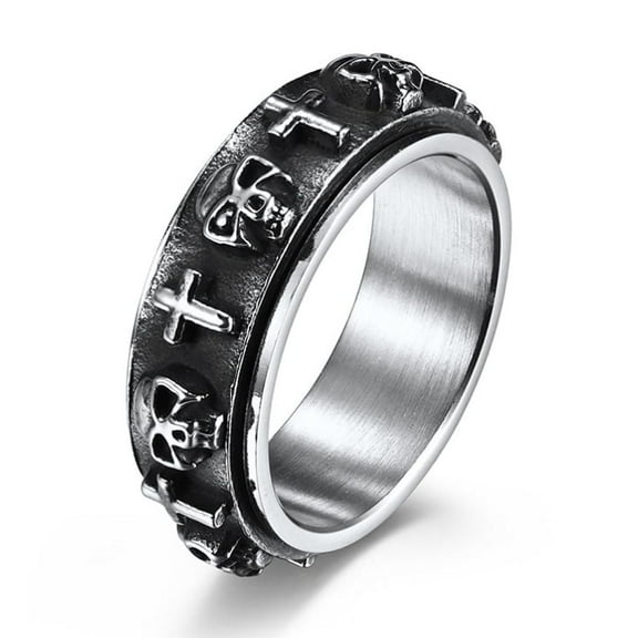 2pcs Stainless Steel Skull & Cross Rotatable Finger Ring Spinner Fidget Band Anxiety Stress Relief Punk Ring for Men Women Stainless Steel color Size 13(22.2mm)