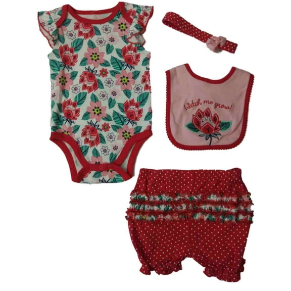 Infant Girls Pink Lotus Floral Flower 4-PC Bodysuit Bib Headband Outfit
