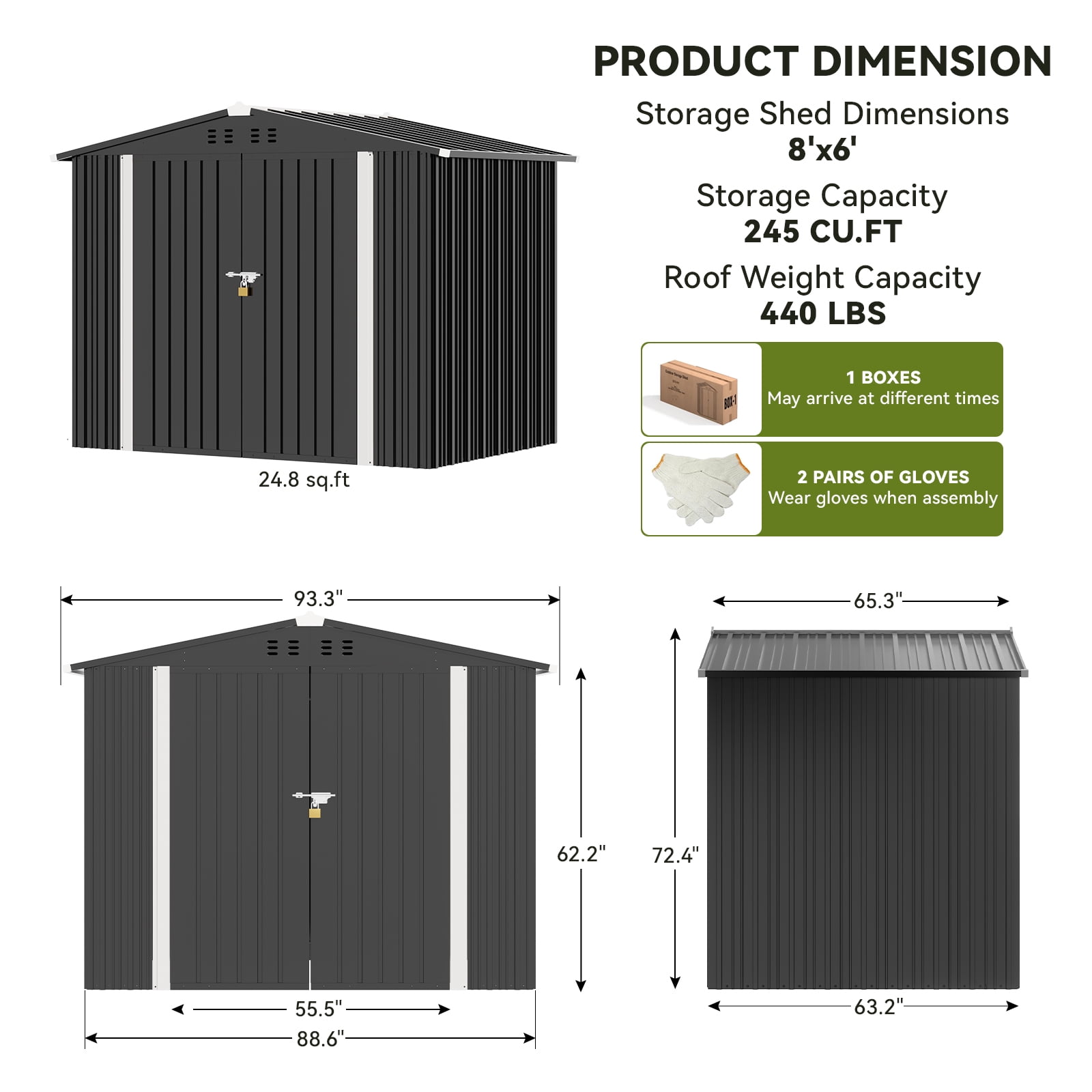 COMHOMA Outdoor Storage Shed 8 x 6 ft Shed with Lockable Door Steel Garden Shed with Air Vent,Gray