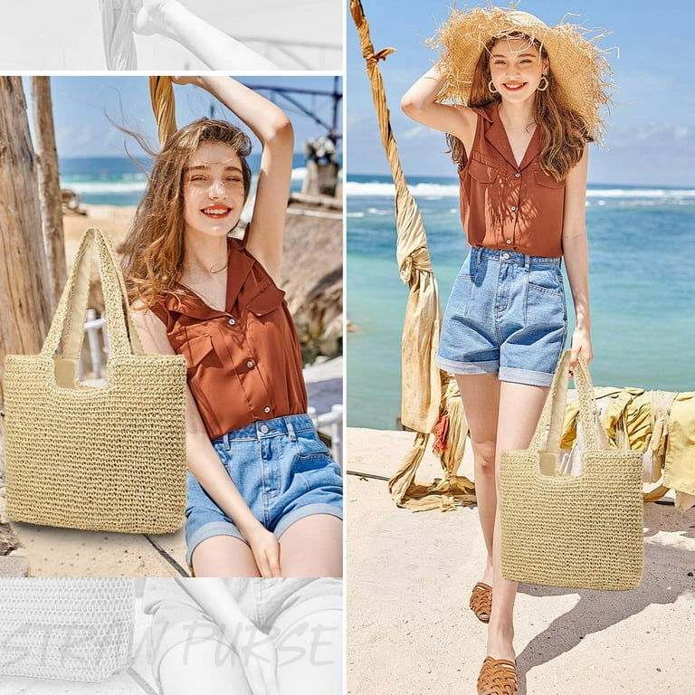 Straw Beach Bags for Women Woven Beach Tote Bag Casual Boho Large Shoulder Handbags Purse for Vacation Holiday Walmart