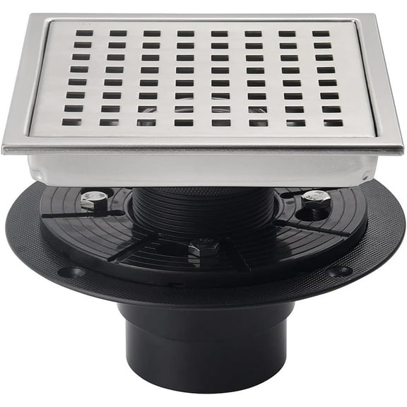 ELLO&ALLO 6 Inch Square Shower Floor Drain With Flange,Quadrato Pattern Grate Removable, SUS 304 Stainless Steel in Brushed Nickel