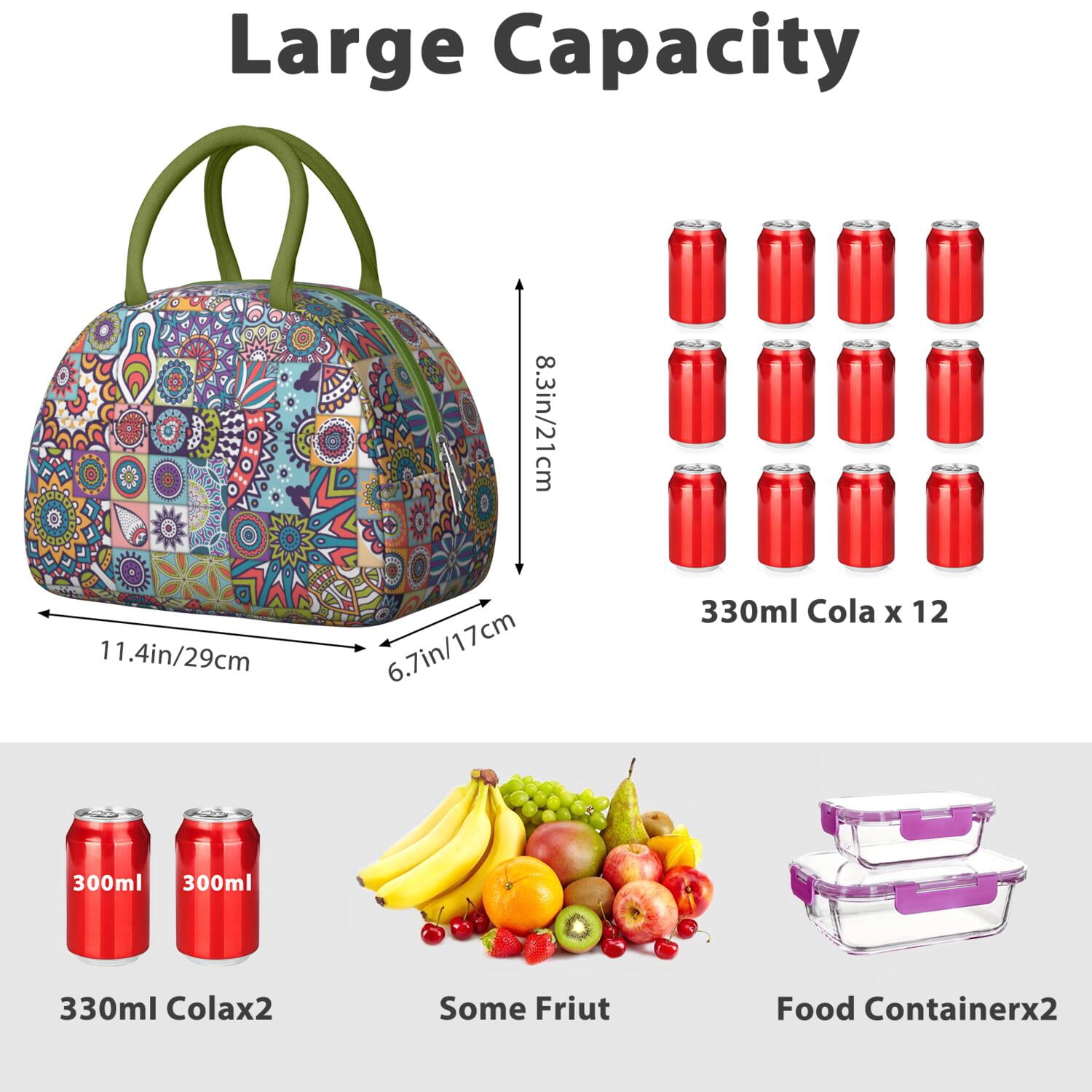 Boho Floral Lunch Bag for Women, Insulated Vintage Lunch Tote with Earthy Tribal Folk Style, Colorful Leakproof Lunch Box for Work, School or Travel
