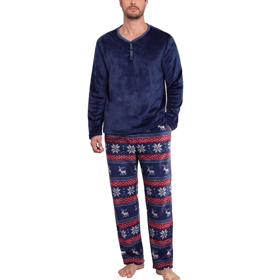 MINTREUS Mens Flannel Pajamas Set 2 Piece Long Sleeve Pjs Pijama Fleece Winter Henley Neck Lounge Sets Sleepwear with Pockets