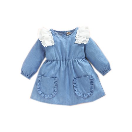 

elfinBE Baby Girl Denim Blue Solid Color Round Neck Pocket Ruffle Flying Buttons Long Sleeve A-line Dress 3-24M