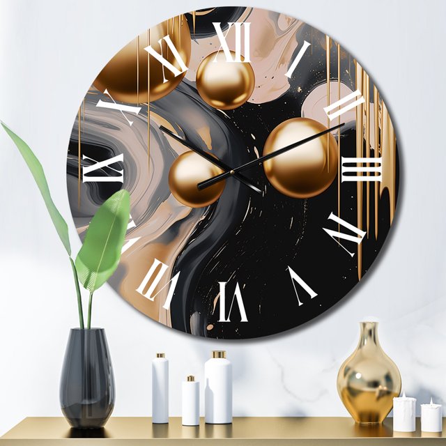 Designart "Mystic Gold & Noir Fusion I" Abstract Shapes Oversized Wall Clock