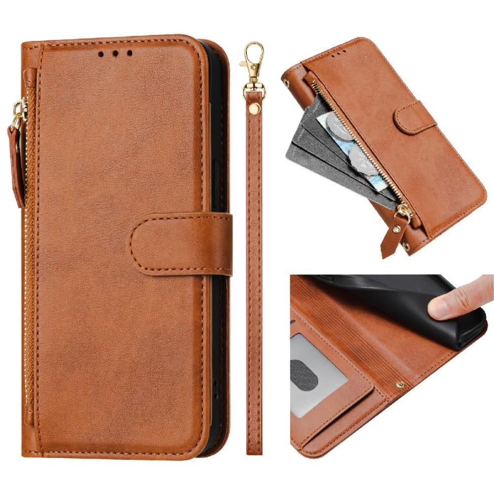 Filp Case for Samsung Galaxy S21 FE 5G Zipper Pocket Magnetic Flip Wallet Phone Case with 7 Card Slots and Wrist Strap