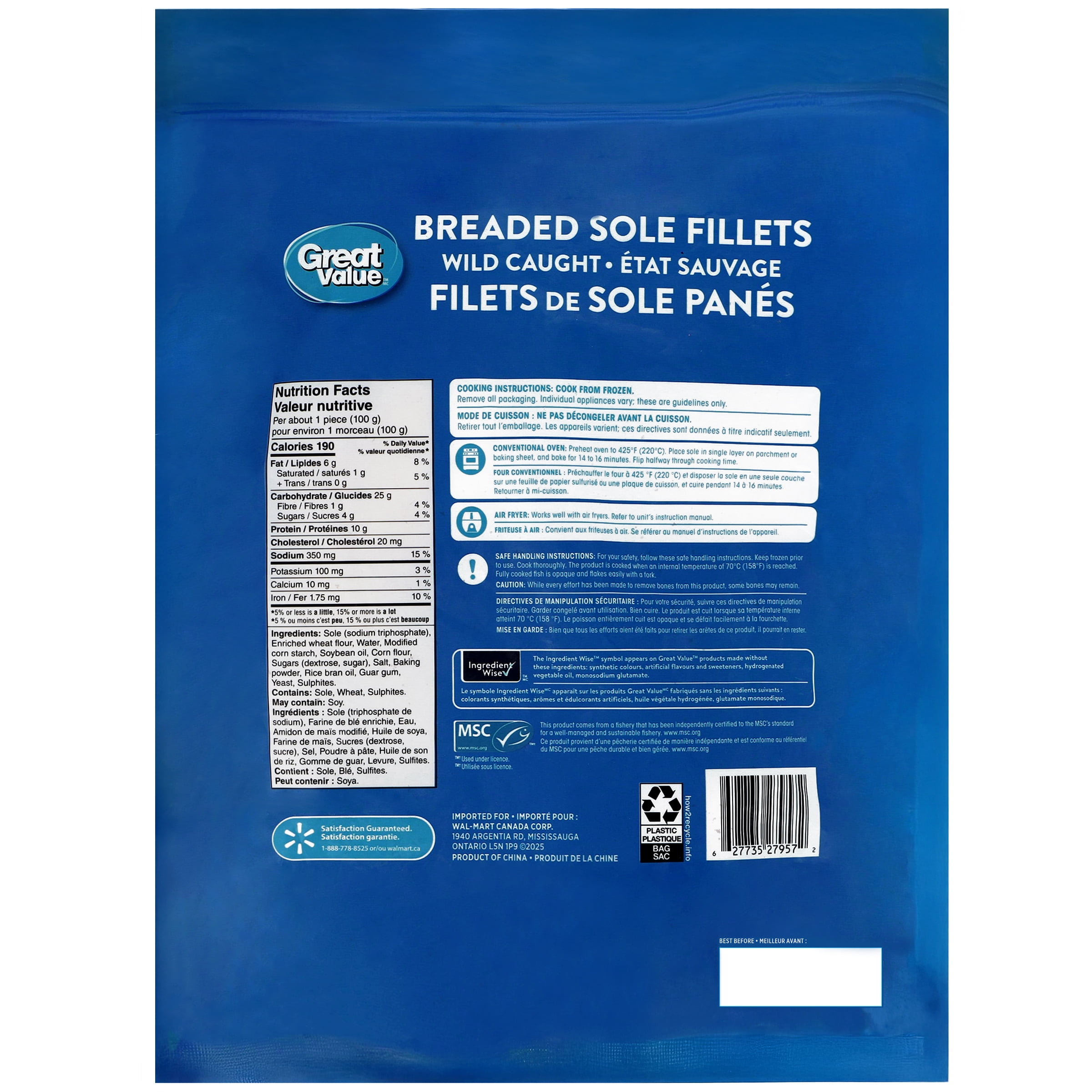 Filets de sole panés État sauvage Great Value 860 g