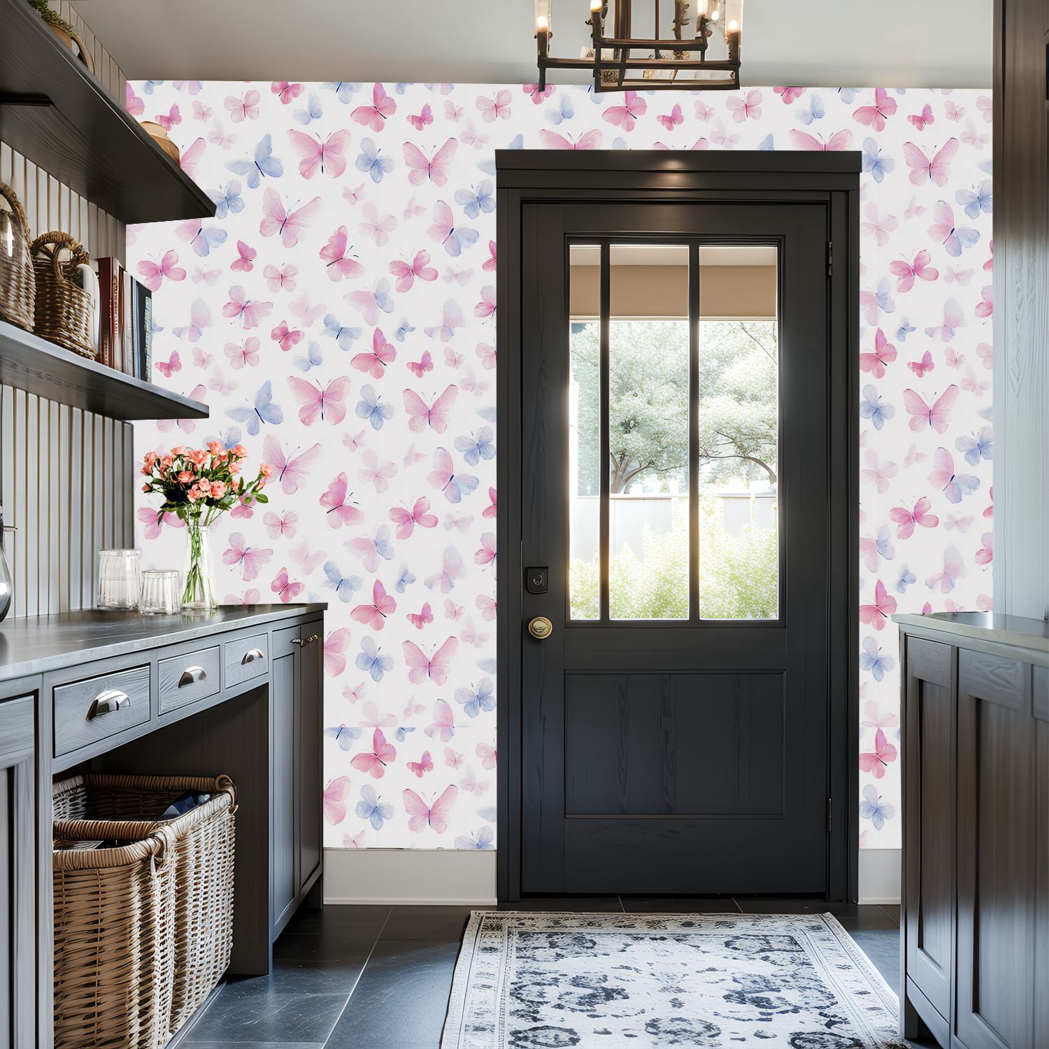 Peel and Stick Wallpaper Watercolor Butterflies Soft Pink Blue Tones White Wall Mural 17.7in x 9.8ft Self Adhesive Removable Wall Paper Renter Friendly Wallpaper for Nursery Bedroom Cabinets