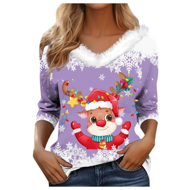 WEAIXIMIUNG T-Shirt à Manches Longues pour Femmes, Automne Hiver, Mode Décontractée, Col en V, Imprimé de Noël