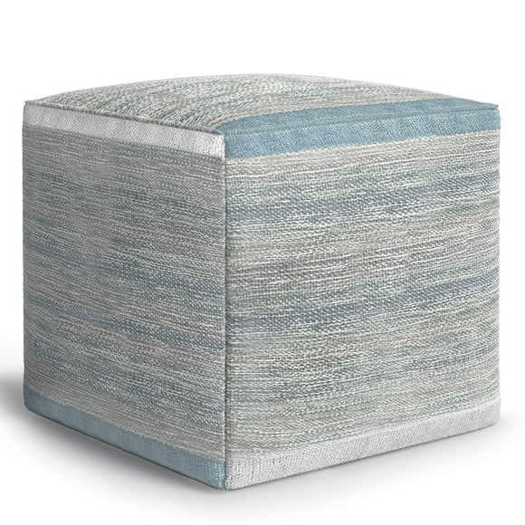 SIMPLIHOME Naya Cube Pouf, Footstool, Upholstered in Patterned Blue Melange and Woven Cotton, for the Living Room, Bedroom and Kids Room, Transitional, Boho