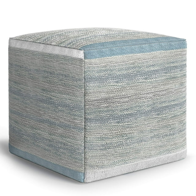 SIMPLIHOME Naya Cube Pouf, Footstool, Upholstered in Patterned Blue Melange and Woven Cotton, for the Living Room, Bedroom and Kids Room, Transitional, Boho