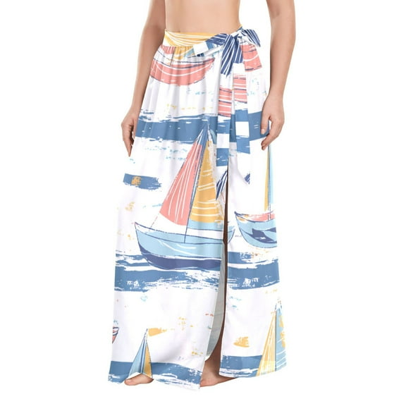 FORMRS Womens Beach Sarong Semi-Sheer Bikini Wrap Skirt Swimsuit Cover-ups, White Hand Drawn Sailboats