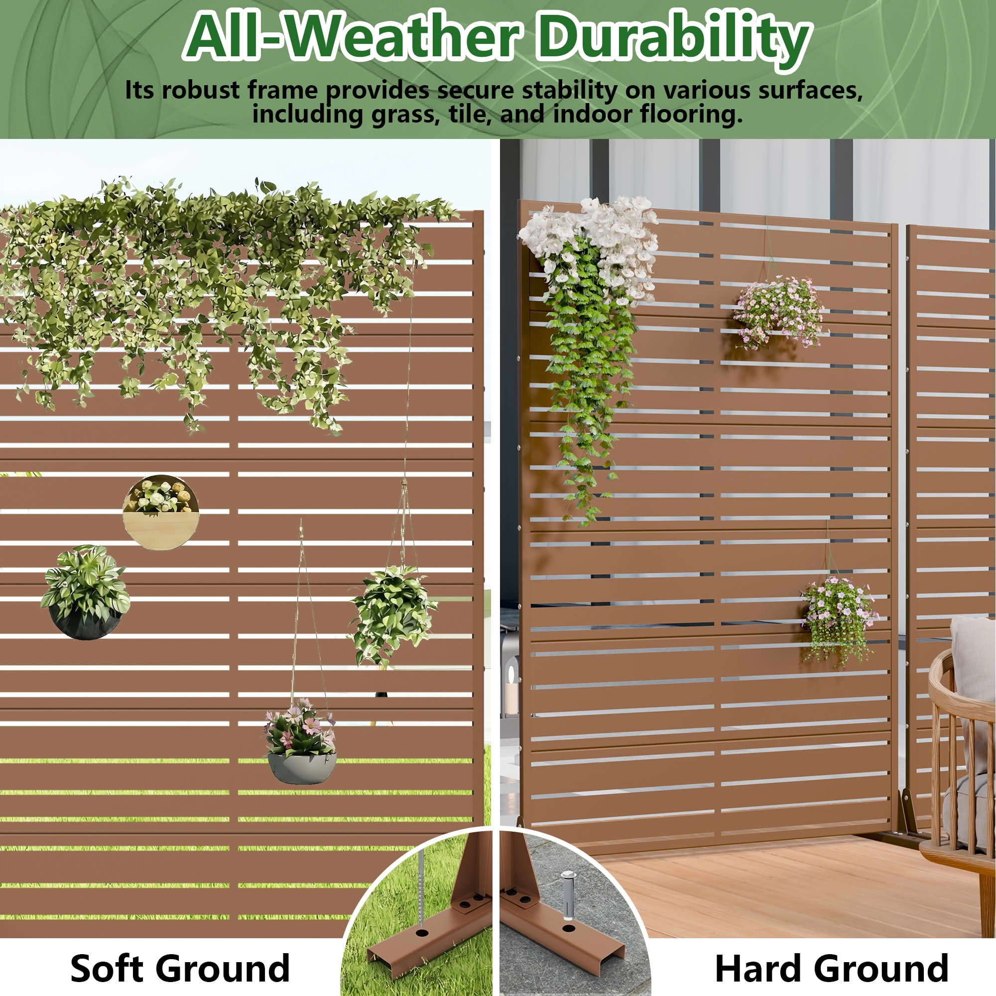 MAYEERTY 2-Piece 72"x47" Privacy Screen, Brown 6-Panel Galvanized Steel Louvered Fence, Wide-1 Narrow-2, Freestanding for Patio Backyard