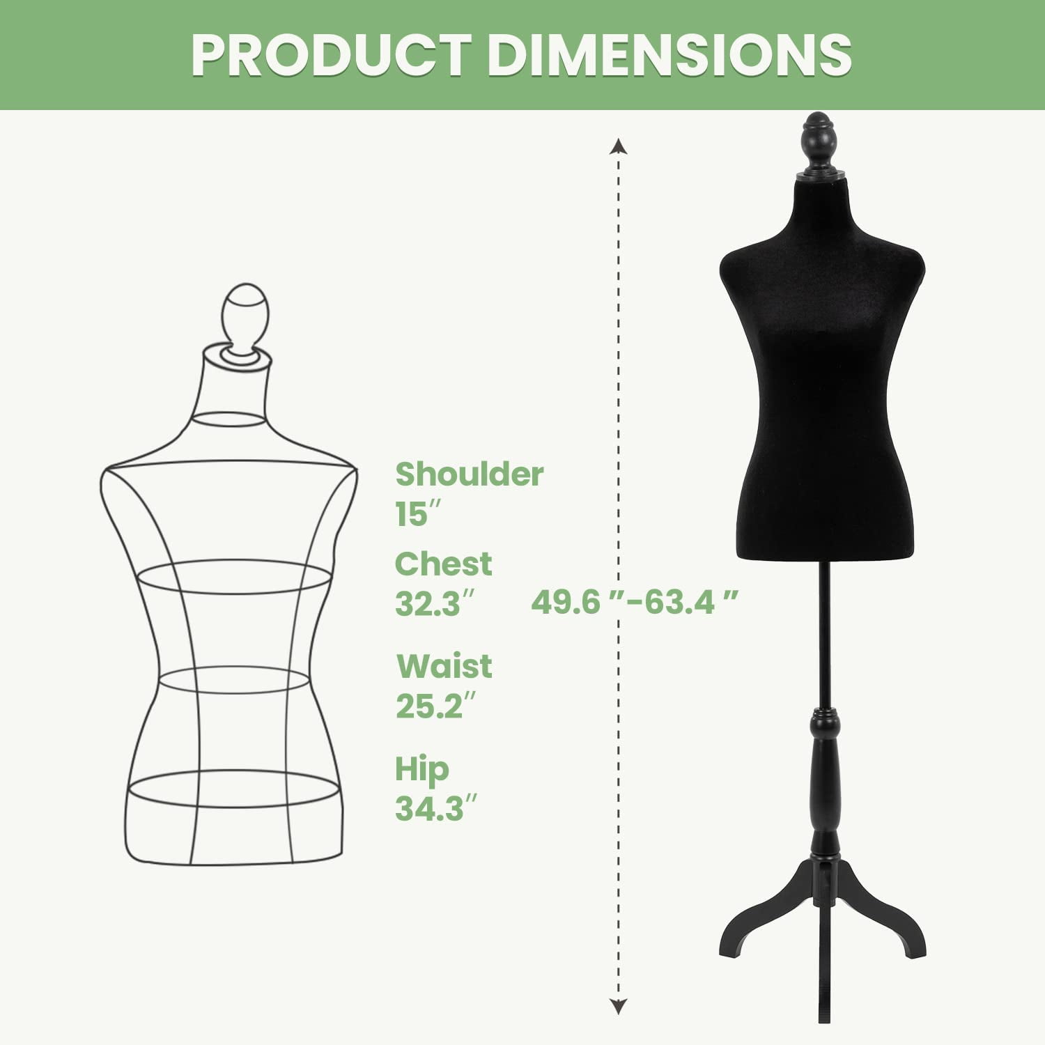 PayLessHere Dress Form Mannequin Torso Female with Wooden Tripod Stand Adjustable for Sewing Counter Display, Black
