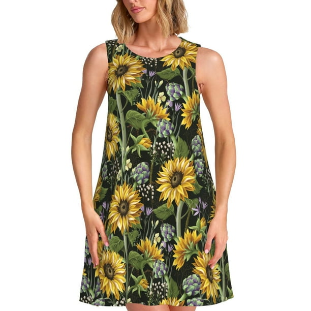 Fotbe Sunflowers Vestido de Verano sin Mangas para Mujer – Vestido Midi Línea A, Estilo Camiseta Floral, Vestido Playero Casual y Fluido