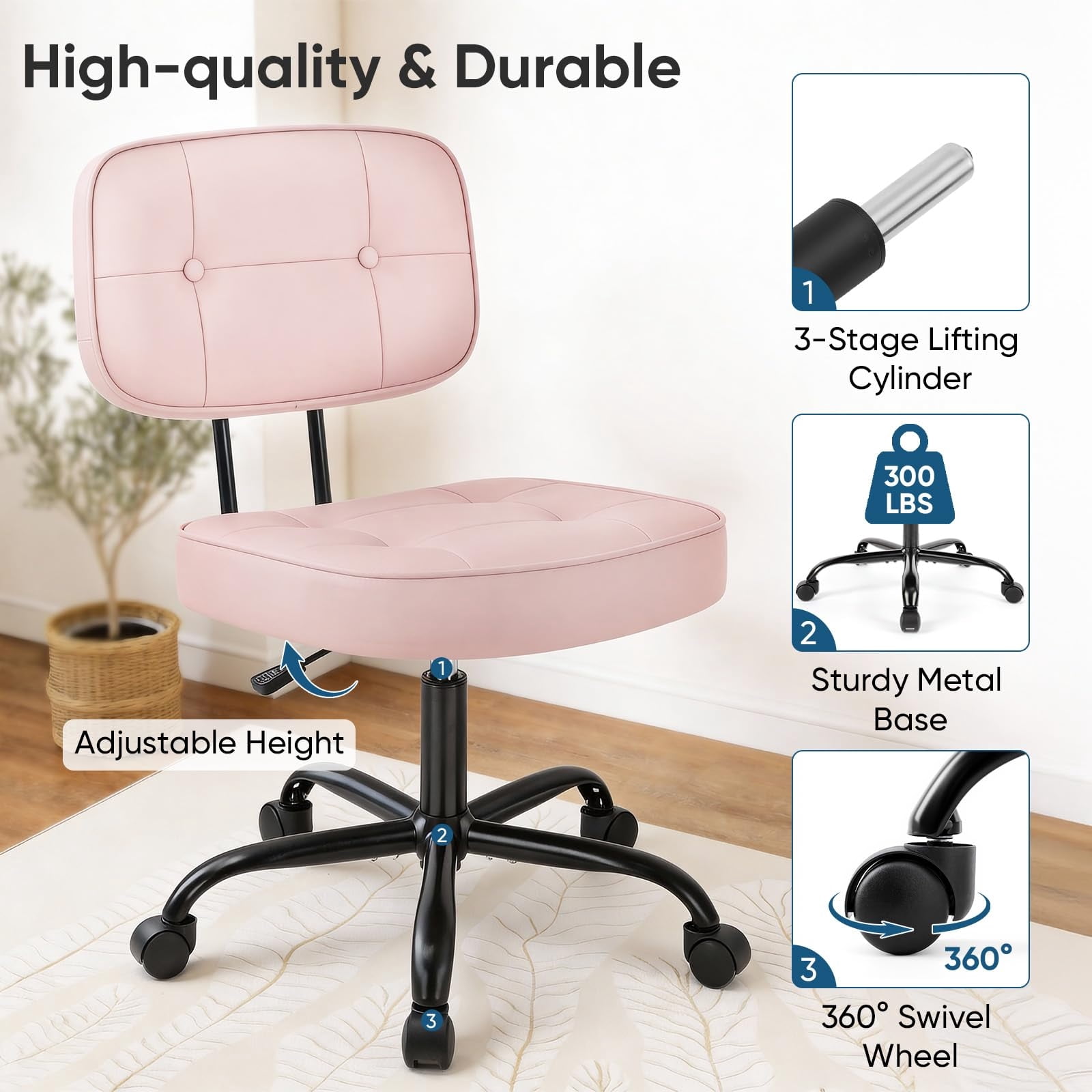 Telyra Armless Office Chair Adjustable PU Leather Desk Chair with Wheels Padded Low-Back Swivel Vanity Chair, Pink
