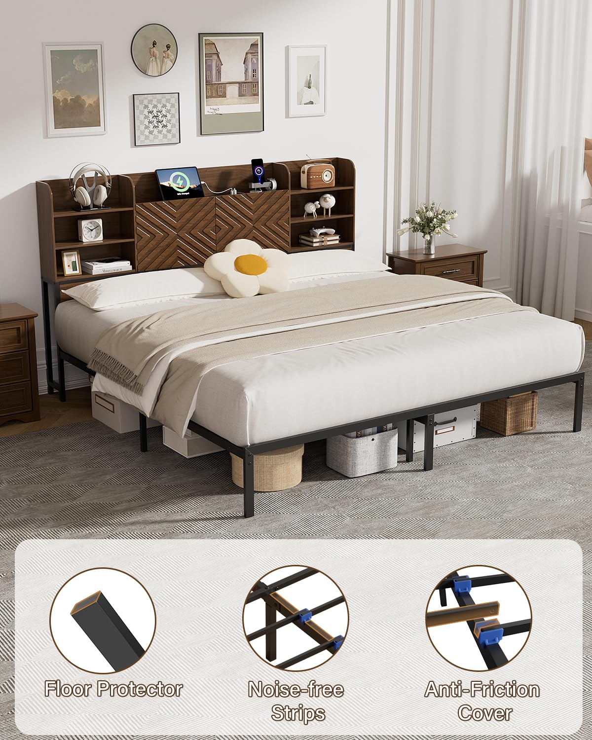 Farmhouse King Size Bed Frame with Move Storage Headboard & 2 Drawers, Platform Bed Frame with 3-in-1 Charging Station, Upholstered Bed Frames with Metal Slats Support
