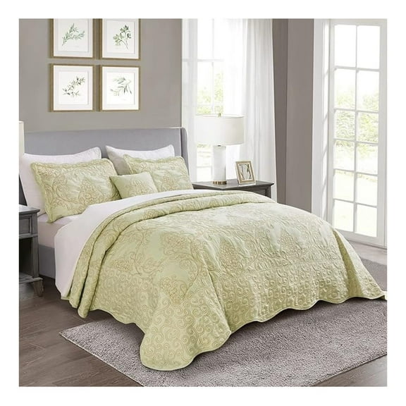 Queen Quilt Set 4 Piece - Damask Embroidery Bedspread - Lightweight Coverlet with Shams - Yellow Green - All Season Bedding 90" x 90"