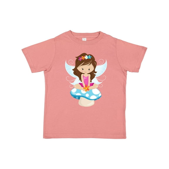 Inktastic Cute Fairy, Brown Hair, Fairy Sitting On Mushroom Girls Toddler T-Shirt