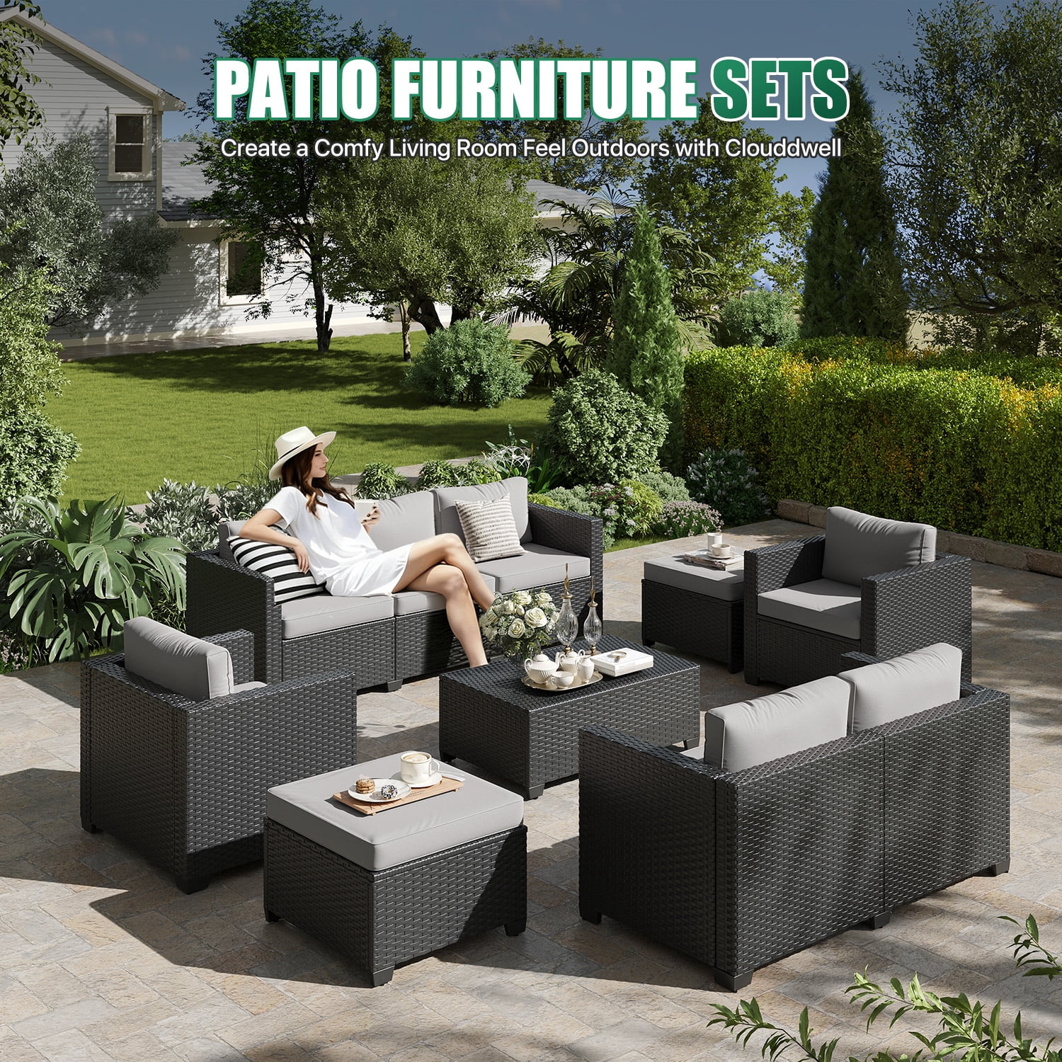 ClouddWell 7 Seat Outdoor Patio Furniture Set, Patio Conversation Sets with Thick Waterproof Cushions & Storage Coffee Table(Grey)