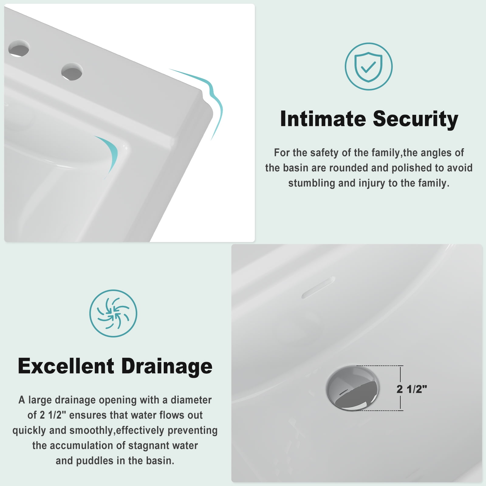 26"L X 21"W Rectangular Pedestal Sink, White Ceramic Pedestal Bathroom Sink with 3 Faucet Holes At 4" Faucet Centers, with Overflow