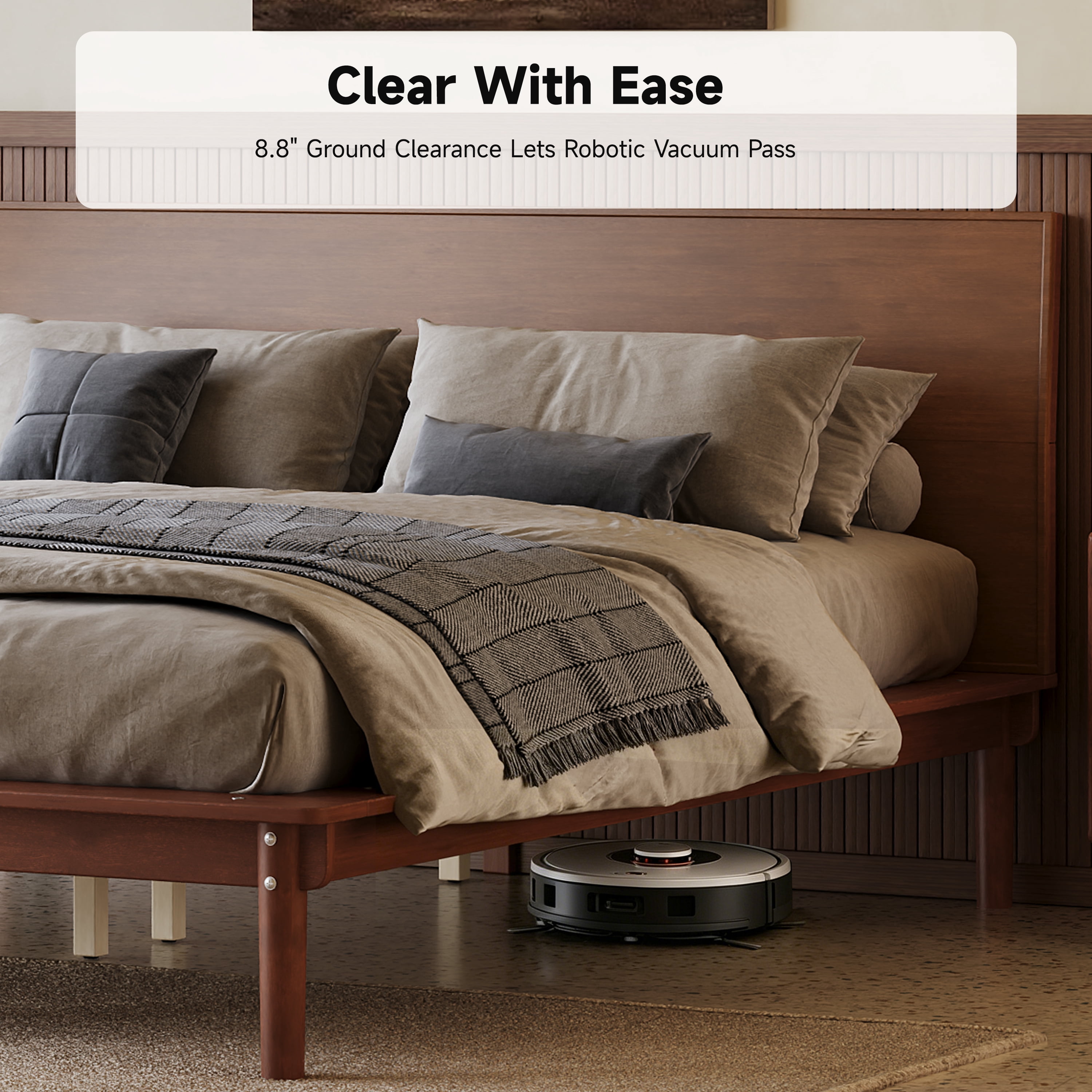 Euroco Wood Mid-Century Queen Bed, Low Profile Platform Bed Frame with Subtly Angled Headboard, Widened Side Rails, No Box Spring Needed, Walnut