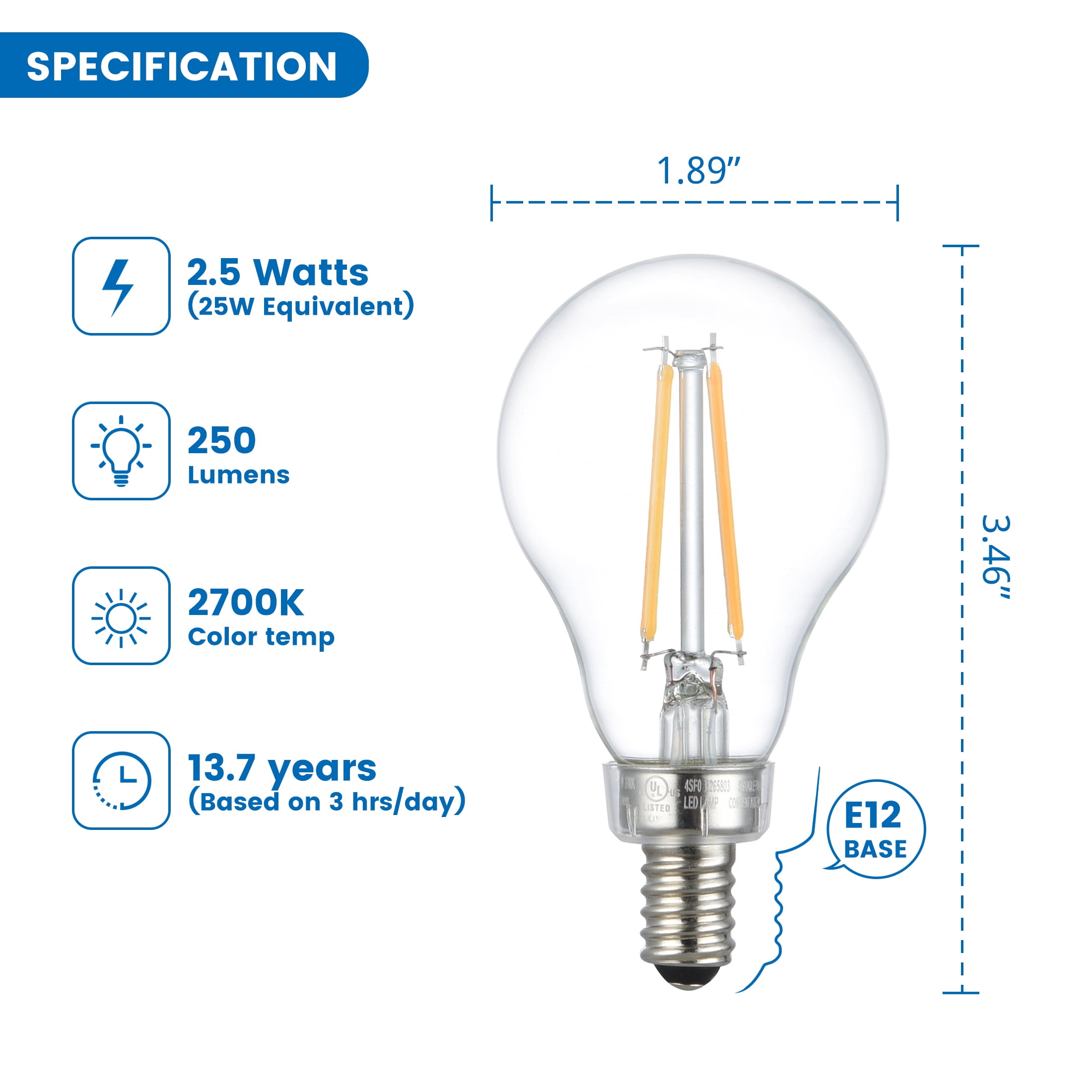 (6 pack) Great Value A15 LED 2.5W (25W Equivalent) Soft White E12 Candelabra Base Ceiling Fan Light Bulbs, Dimmable, 2 Pack