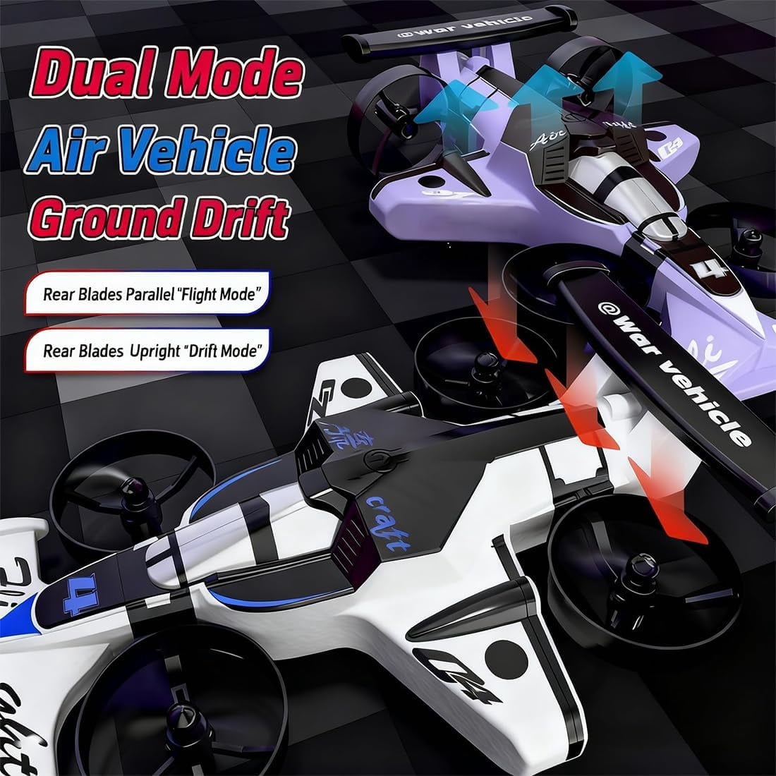 Rechargeable Dual Mode Car Drone, 2-in-1 Remote Control Flying Car with Dual Land and Air Modes, Induction Steering for Indoor Outdoor Play (White)