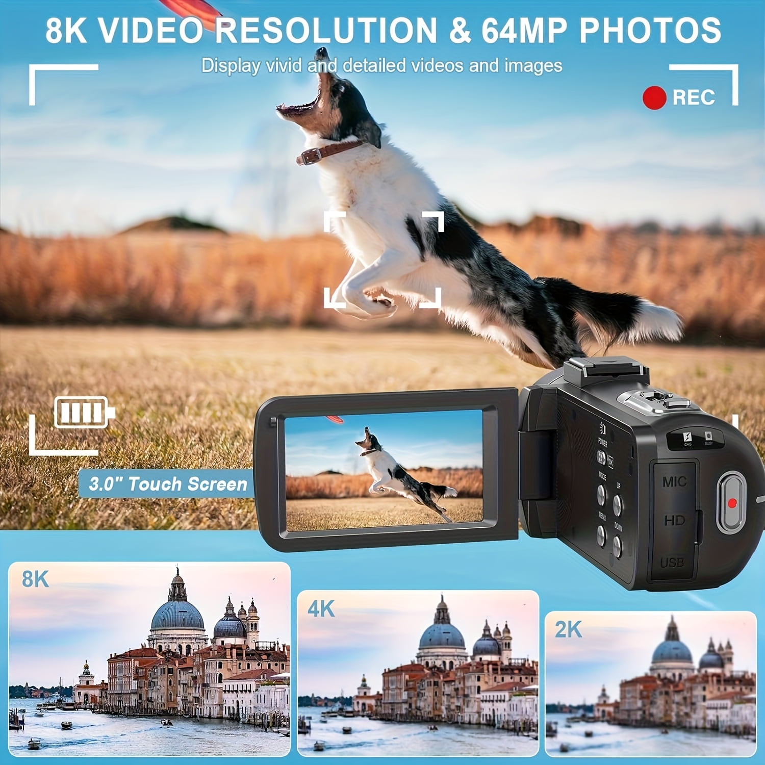 Camcorder Video Camera, 8K 64MP IR Night Vision, 18X Digital Zoom WiFi Camera, 3.0" Touch Screen, Microphone, 32G SD Card, Remote Control, 2 Batteries