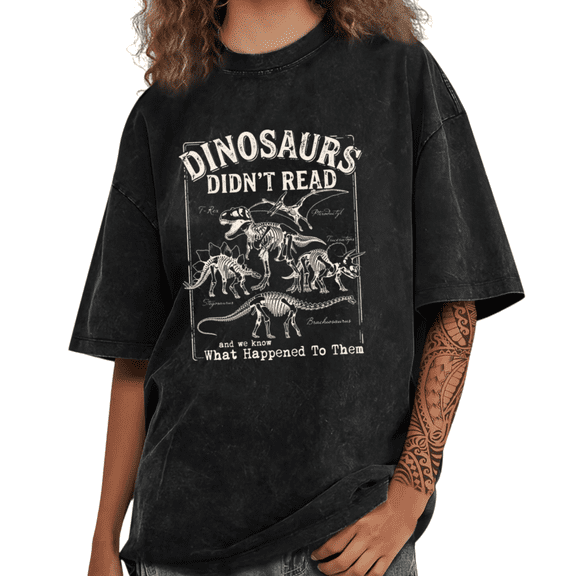 UNISHE Women Dinosaurs Didn't Read Graphic T-shirts Water Washed Short Sleeve Crewneck Tops Funny Dino Skeleton Illustration Book Lover Tees Summer