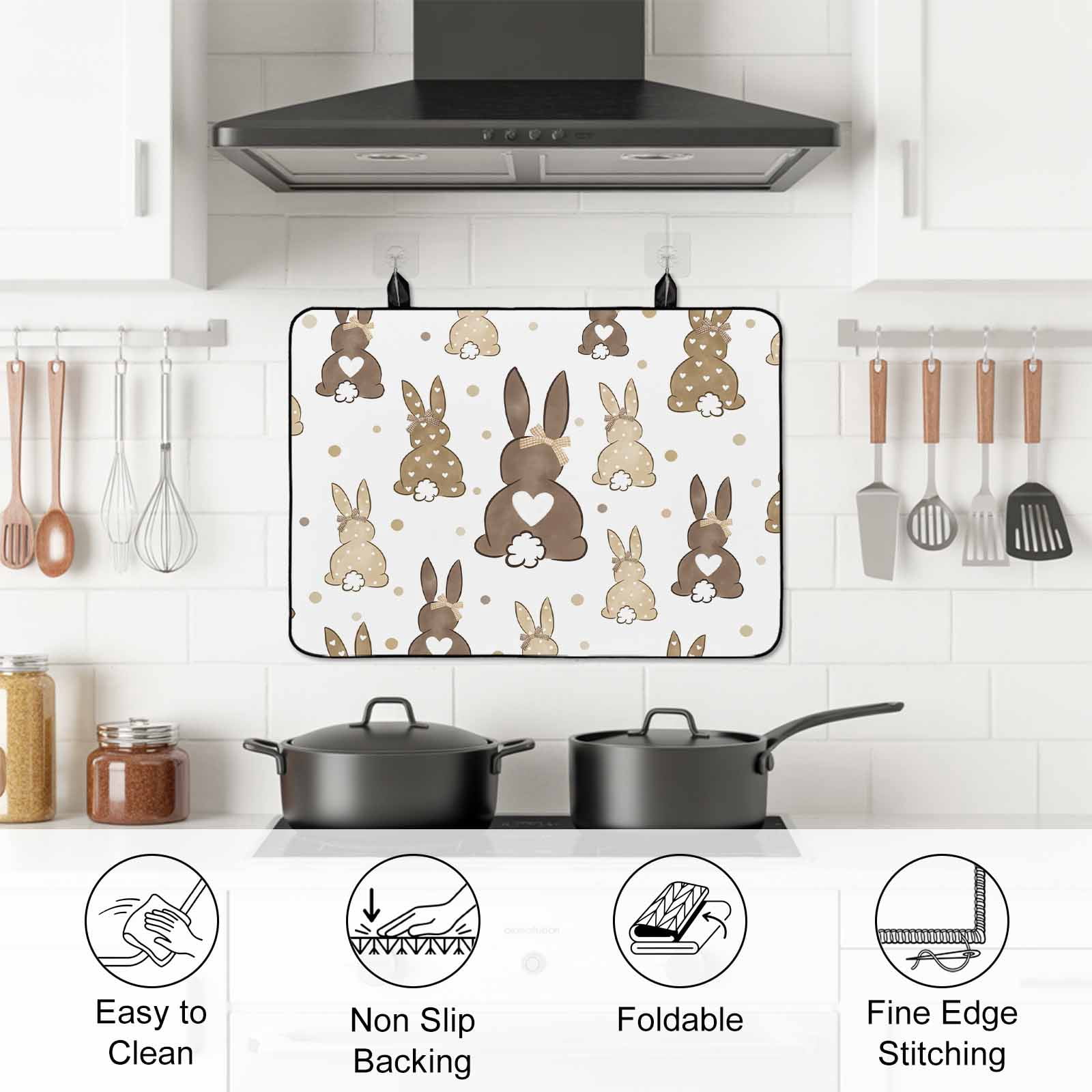 Brown Love Heart Bunny Stove Top Cover for Electric Stove, Heat-proof & Non Slip Glass Top Stove Cover Protector, Polka Dot Rabbits Farmhouse Kitchen Flat Cooktop Rubber Mat 24x21 Inches