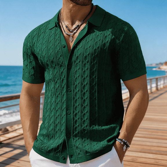 Men's Short Sleeve Knit Button-Down Shirt, Textured Cable Knit Polo Collar Casual Summer Shirt