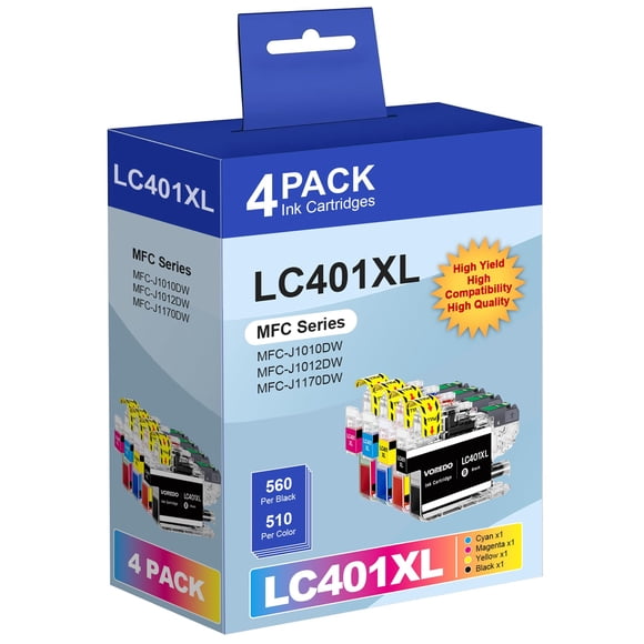 4 Pack LC401 Ink Cartridge LC 401XL Ink Replacement for Brother LC401 XL Ink for Brother LC 401 XL Ink for MFC J1010DW Printer Ink LC401XL for MFC J1