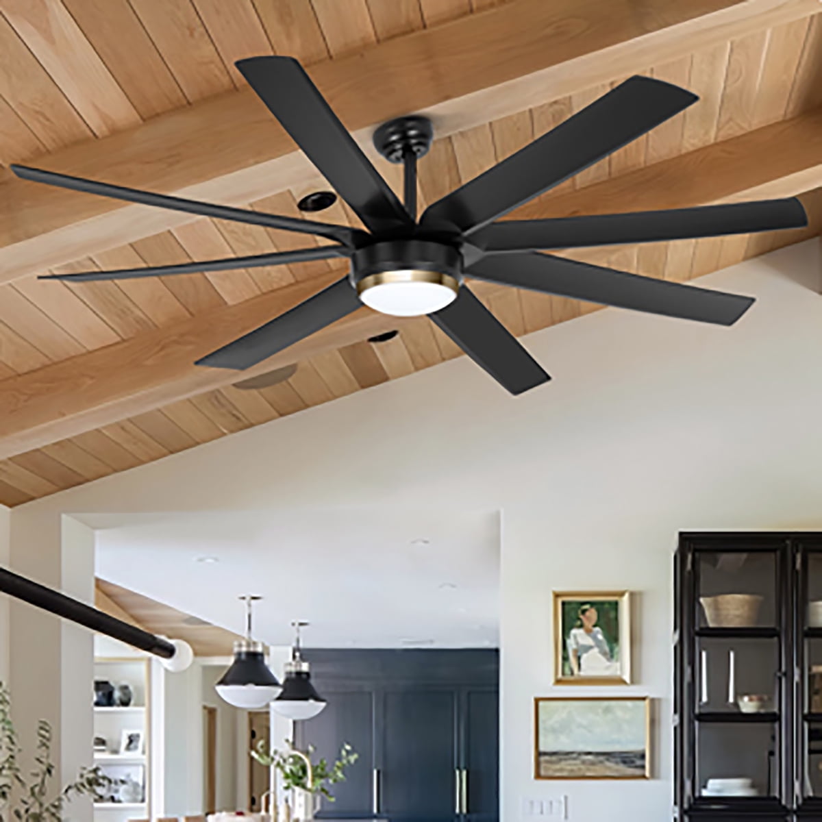 Ohniyou 70" Indoor Outdoor Ceiling Fans with Lights and Remote 8 Blades 6 Speed Dimmable Large Ceiling Fan for Patios Living Room Bedroom, Matt Black