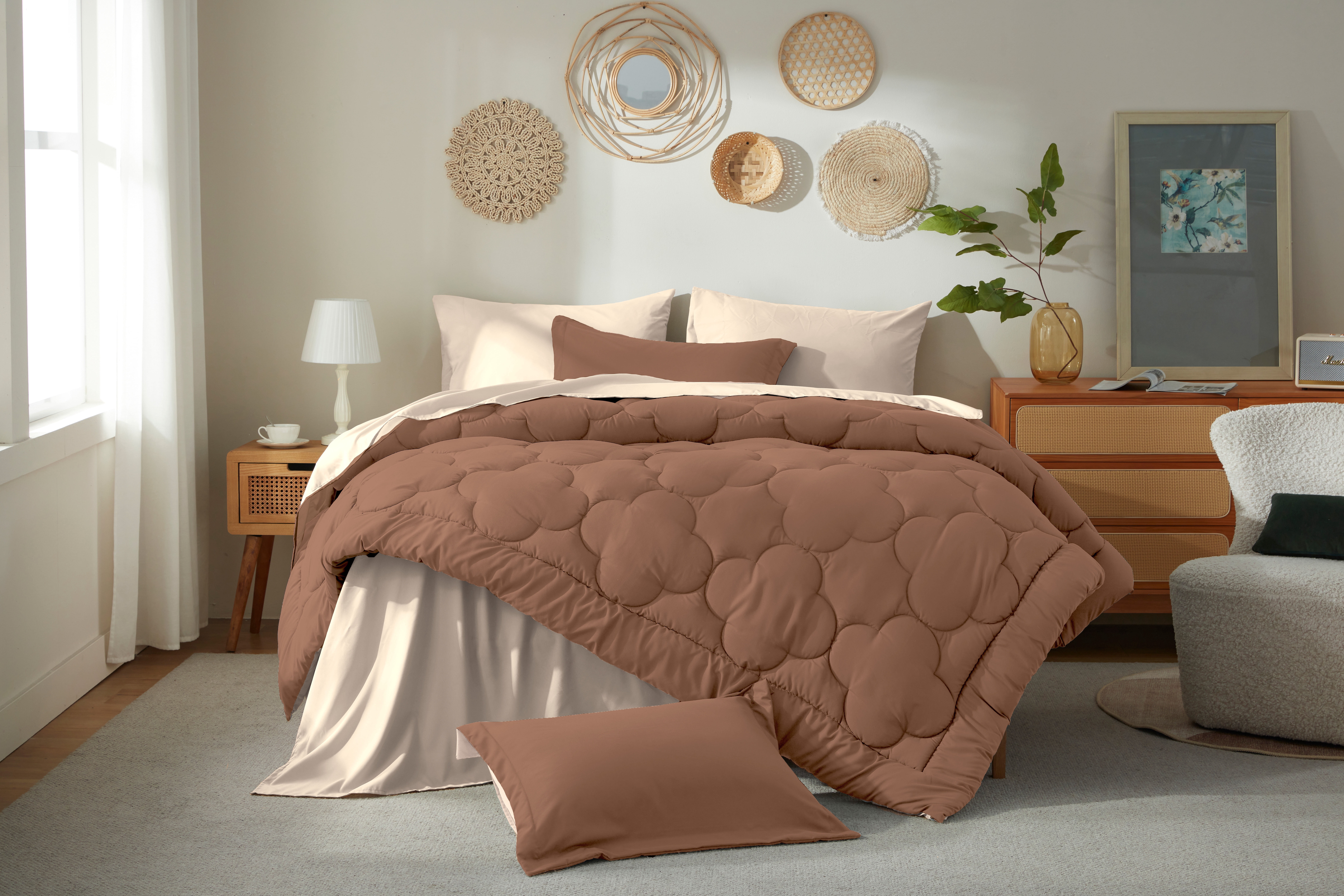 Bedtreat Full Comforter Sets，7-Pieces Reversible Bedding Sets，Bed in a Bag with Comforter， Flat Sheet and Fitted Sheet, Pillowcases & Shams，Mocha/Sand Dollar