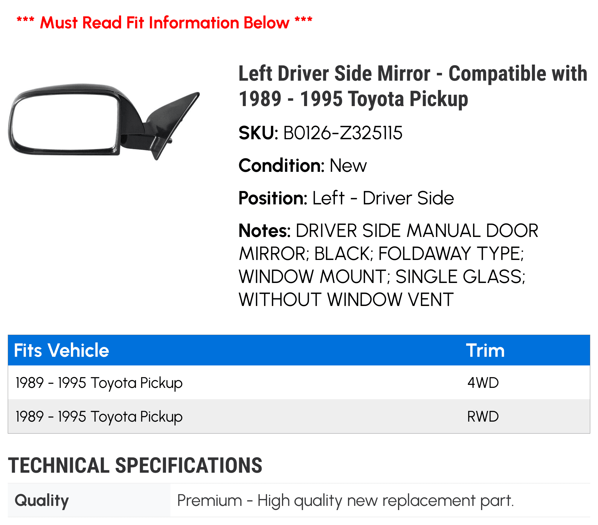 Left Driver Side Mirror - Compatible with 1989 - 1995 Toyota Pickup 1990 1991 1992 1993 1994