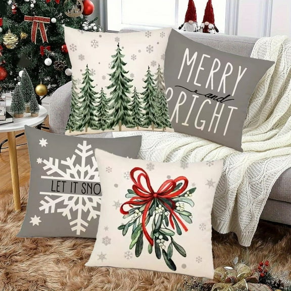 Christmas Pillow Covers Set of 4, 18x18 Inch Holiday Throw Pillow Cases for Sofa Couch Living Room, Festive Winter Home Decor Accents Gift Set White