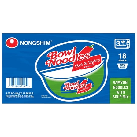 Nongshim Bowl Noodle Hot and Spicy Beef Ramen 3.03 Ounce (Pack of 18)